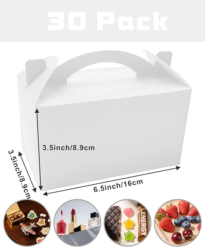 30-Pack Crisp White Gable Treat Boxes with Handles, 6" Pop-Up Party Favor Gift Boxes for Birthday, Wedding, Baby Shower, Eco-Friendly Candy, Cookie, Goodie Bags for Kids, Bachelorette Decor
