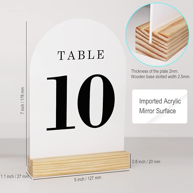 Wedding Table Numbers 1-20, Acrylic Arch Signs with Natural Wood Stands Holders, Rustic Table Decor for Reception & Parties (White Black)