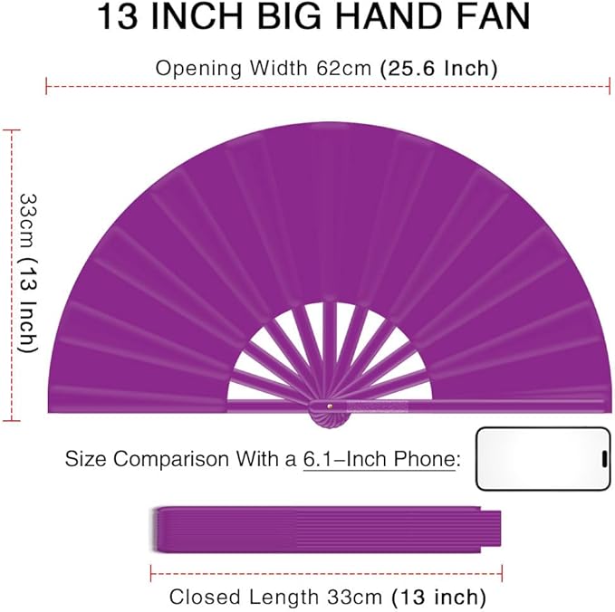 13" Large Folding Rave Fan with Holster, Clack Hand Fans Foldable for Line Dancing, Boots On The Ground Fan for Women Men Festival EDM Party Decoration, Purple 2 Pack