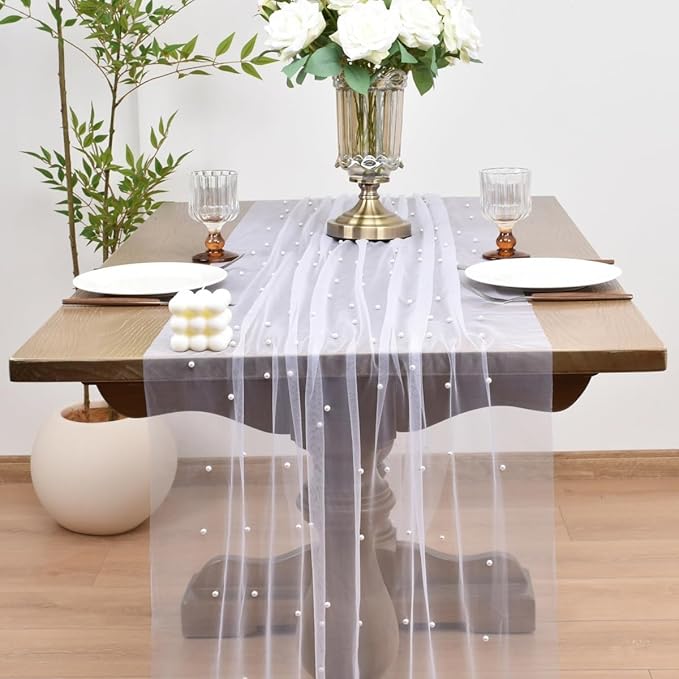 Joanlody Fall Pearl Table Runner 10ft Rustic Boho Tulle Table Runner with Pearls for Baby Shower Wedding Party Veil Dessert Thanksgiving Table Decor White