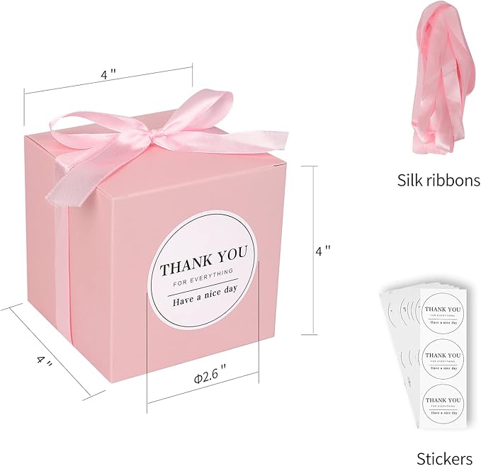 COTOPHER Small Gift Boxes 100 Pack 4x4x4 inches Pink Gift Boxes with Lids for Gifts, Crafting, Wedding Party Favor, Cupcake Boxes, Candy, Bridesmaids Proposal Box with Ribbons and Stickers (Pink, 100