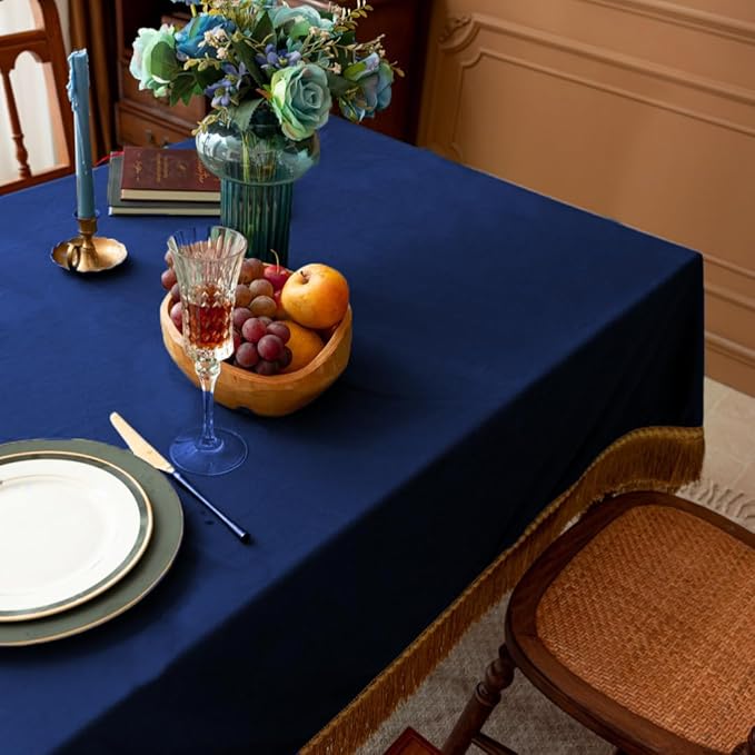 F-CHU Blue Tablecloth Thickset Velvet Tablecloth with Beautiful Gold Tassels Vintage Table Cloth for Home Decor Wedding, Party, Banquet and Events 60x120-Inch