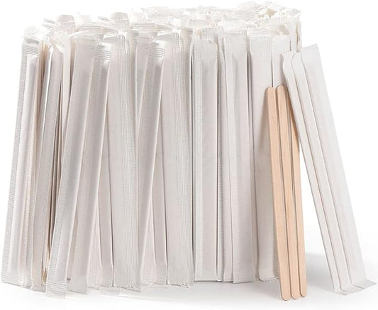1000pcs Individually Wrapped Coffee Stirrers Wood - 5.5" Coffee Stir Sticks, Round End Disposable coffee stirrer, For Coffee, Cocktail and Hot Drinks