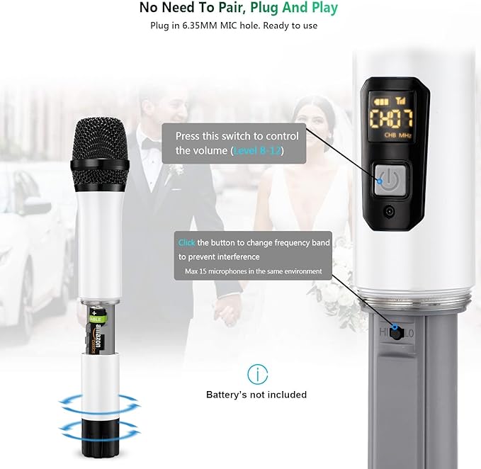 Wireless Microphone, Bietrun UHF Metal Dual Handheld Cordless Dynamic Mic System with Rechargeable Receiver, 1/4‘’Output, for Karaoke, Church, Speech, Wedding, Party Singing(160 ft Range)-Auto Connect