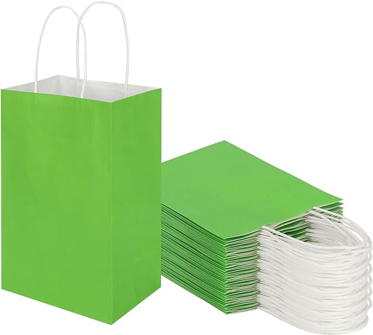 50 Pack 5.25x3.25x8.25 Inch Small Grass Green Kraft Paper Bags with Handles Bulk, Toovip Gift Wrap Bags for Favors Grocery Retail Party Birthday Shopping Business Goody Craft Merchandise Take Out Sacks