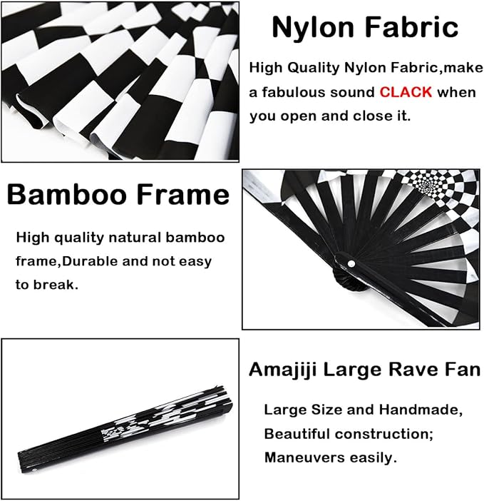 Amajiji Large Folding Hand Rave Fan Popping Fan for Line Dancing Clacking Fans for Boots On The Ground Dance,Party,Decoration,Festival (Speed Checkered)