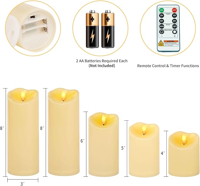Amagic Waterproof Outdoor Flameless Candles with Remote, LED Candles Battery Operated with Timer, Flickering Fake Pillar Candle for Outside Patio Yard Decor, Dark Ivory, Set of 5, D3 X H4 5" 6" 8" 8"