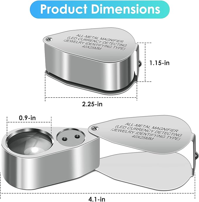Leffis 2 Pack 40X Jewelers Loupe Magnifier Magnifying Glasses, LED/UV Illuminated Jewelry Loop Pocket Folding Magnifying Glass with Metal Construction for Jewelry, Stamp, Rock Collecting