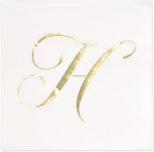 Gift Boutique 100 Gold Monogram Cocktail Napkins Letter H Disposable Paper Pack Elegant Metallic Golden Foil Hand Napkin for Powder Room Wedding Holiday Birthday Party Baby Shower Decorative Towels