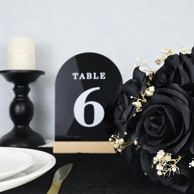 Wedding Table Numbers 1-15, Acrylic Arch Signs with Natural Wood Stands Holders, Rustic Table Decor for Reception & Parties (Black White)