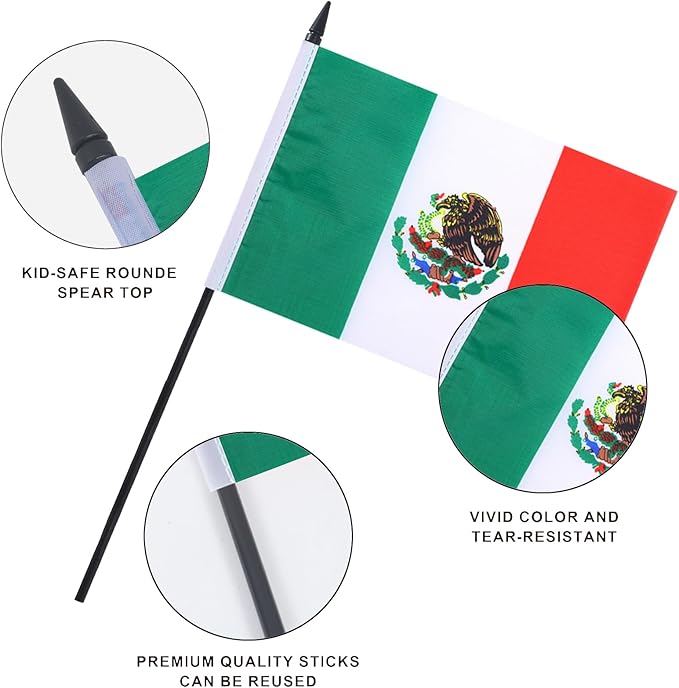 Mexico Desk Flag 12" Solid Pole Deluxe Set Mexican Flags Banner Mini Small Mexico Office Table Flags with Black Stand Base Desktop Decorations(2Pack)