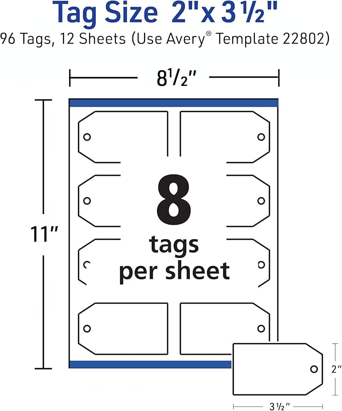 Avery Blank Printable Tags, Sure Feed Technology, 2" x 3.5", White, 96 Customizable Tags, String Included, Great for Branding, Gifts, Merchandising, and More (22802)