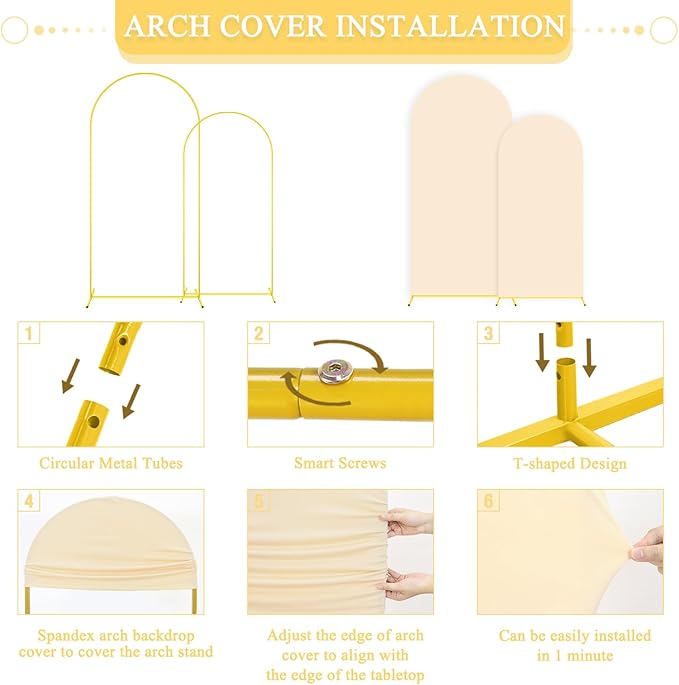 Arch Backdrop Stand with Beige Spandex Arch Cover Set of 2 6FT 7.2FT Spandex Fitted Stretchy Arch Covers for Party Gold Metal Backdrop Stand for Wedding Baby Shower