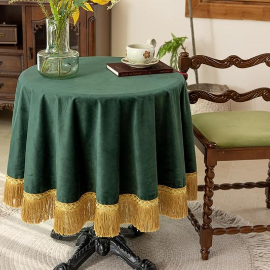 F-CHU Luxury Green Tablecloth Thickset Velvet Tablecloth with Beautiful Gold Tassels Vintage Table Cloth for Home Decor Wedding, Party, Banquet and Events 48" Round