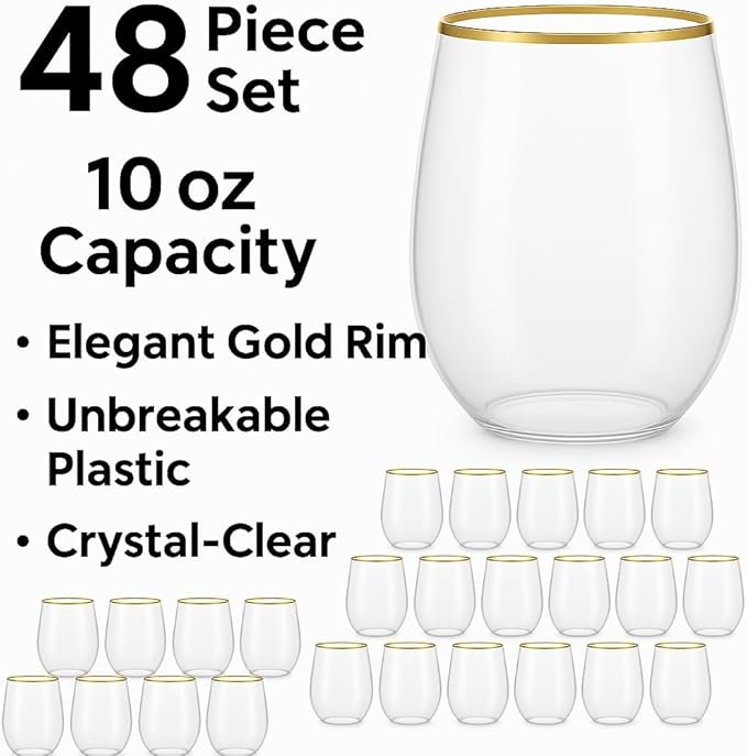 48 piece Stemless Unbreakable Crystal Clear Plastic Wine Glasses Set of 48 Small (10 Ounce - Gold Rim)