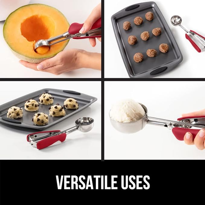 GORILLA GRIP Stainless Steel Cookie Scoop for Baking, 2 TBSP, Multipurpose Melon Baller, Meatball Spring Scoops, Perfect Portion Sizes, Easy Food Release, Scooper Size 40, BPA-Free Kitchen Tool, Red