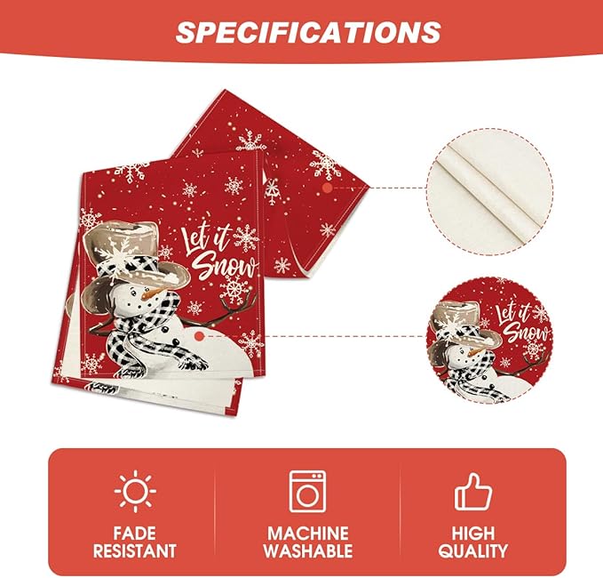 Artoid Mode Red Snowman Snowflake Let it Snow Winter Table Runner, Seasonal Christmas Kitchen Dining Table Decoration for Home Party Decor 13x90 Inch