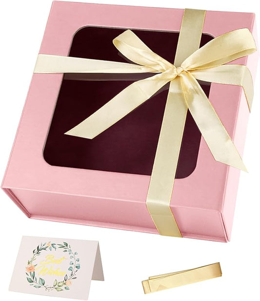 TIACABO Pink Gift Box with Window,7.5"x7.5"x3.1" Bridesmaid Boxe for Gifts Giving,Birthday Gift Boxes with Magnetic,Closure Lid Gifts Boxes for Presents,Cute Box,Luxury for Gift Packaging