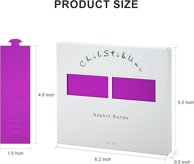 Polymer Material Reusable Napkin Band, Glue-Free Tear-Proof Water Resistant Oil-Proof Napkin Bands Set of 200(Front Purple Color and Back White), 6 Adjustable Sizes Napkin Rings