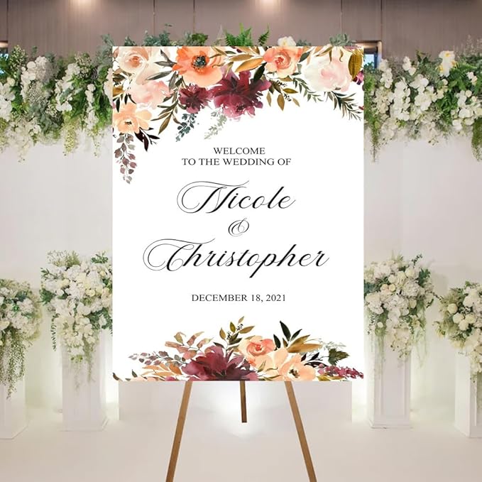Welcome To Our Wedding Sign, Wedding Welcome Sign, Wedding Ceremony Welcome Sign, Floral Wedding Welcome Sign, Romantic Peach Burgundy Flowers Wedding Decor, Customized Wedding Welcome Sign