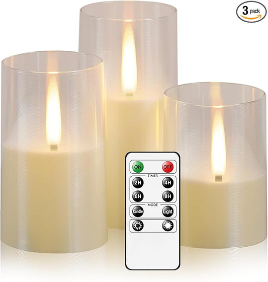 Flameless LED Candles, Upgraded Realistic Flickering Pillar Battery Operated Candles with Remote Timer, Acrylic Electric Set of 3 for Romantic Ambiance and Home Decoration（Ivory）