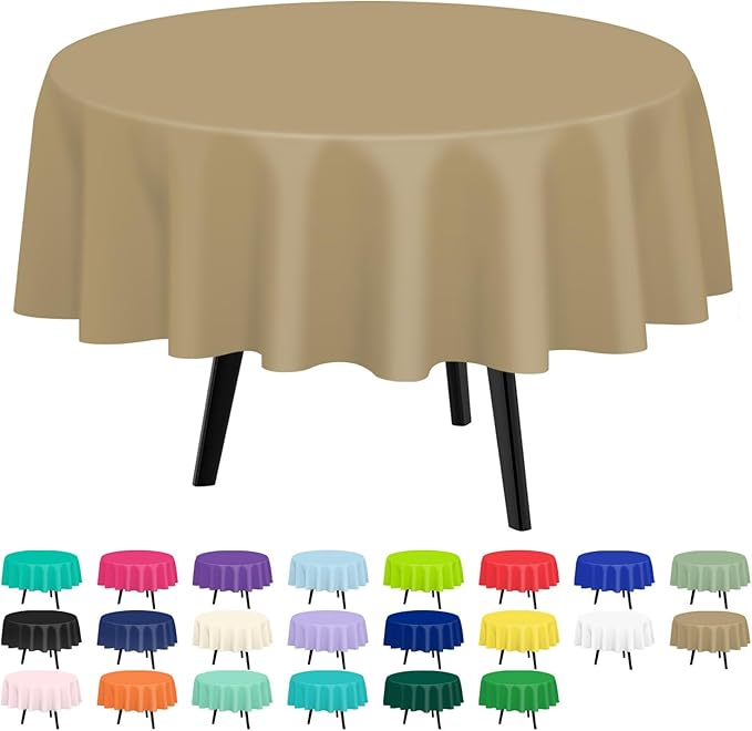 QIKSION Gold Round Tablecloth 6 Pack, 84 Inch Plastic Table Cover Disposable for Parties