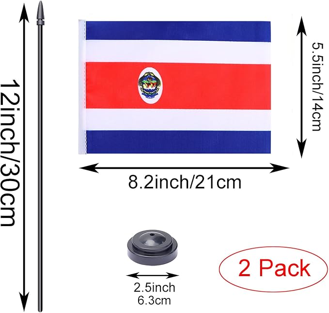 WXTWK 2 Pack Costa Rica Flag Costa Rica Deluxe Desk Flag Set - Mini Small Costa Rica Table Office Flags with Black 12" Solid Pole Stand Base Classroom Meeting Desktop Decorations