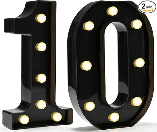 Pooqla Decorative Led Light Up Number Letters, Black Plastic Marquee Number Lights Sign for 10th Birthday Party Wedding Decor Battery Operated Black Decoration 10