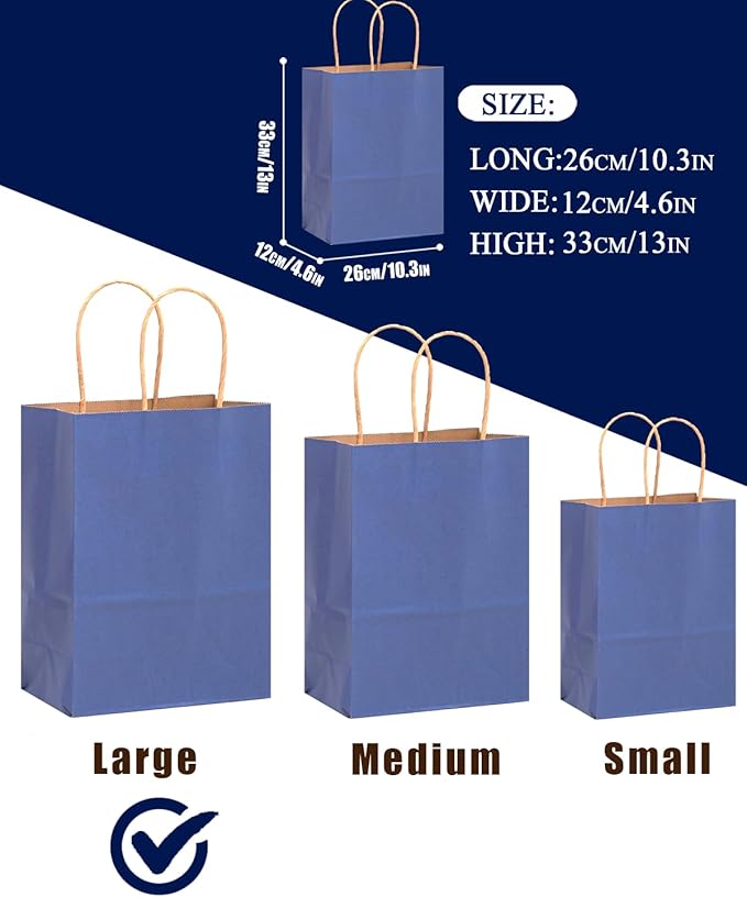 qiqee 100PCS Gift Bag with Handles Bulk Kraft Deep Blue Paper Bags Multiple Uses (13''x5 x10 inch Large Size)