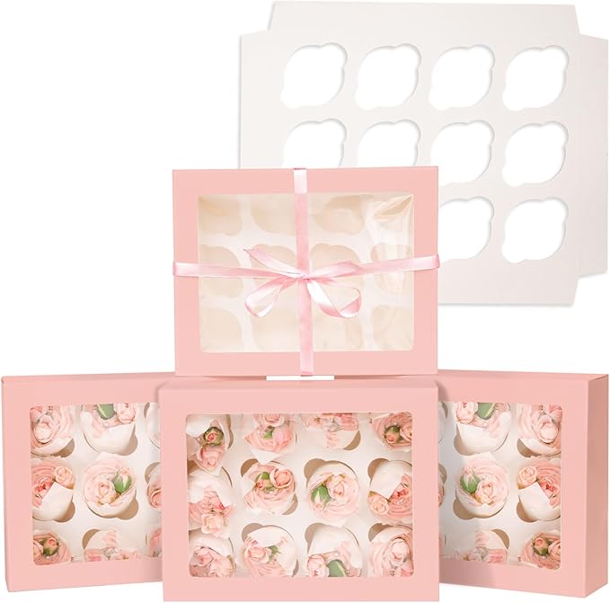 12 Cupcake Containers 20-Packs Pink Cupcake Box Cupcakes Carrier, 12 Cupcake Boxes with Window 13"x10"x3.5"（Auto-pop up）