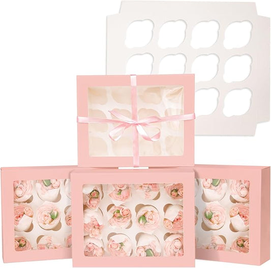 12 Cupcake Containers 20-Packs Pink Cupcake Box Cupcakes Carrier, 12 Cupcake Boxes with Window 13"x10"x3.5"（Auto-pop up）