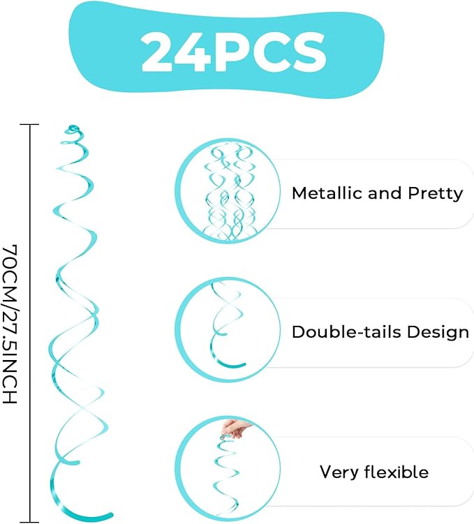24 PCS Teal Hanging Swirl, Sparkle Ceiling Hanging Decorations, Plastic Streamer Party Decorations with Double-Swirls and Single-Swirls for Birthday Decorations, Graduation, Baby Shower