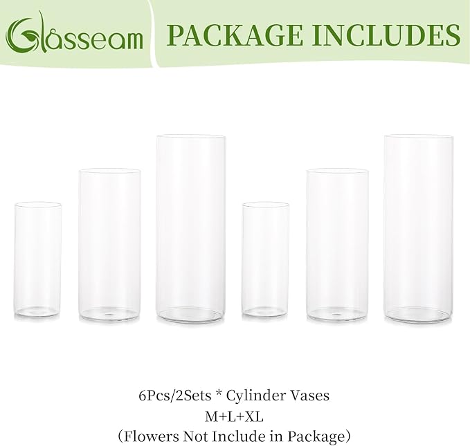 Glasseam Clear Cylinder Vases for Centerpieces, Glass Cylinder Vase Set of 6, Hurricane Vase for Flowers, Glass Cylinder Candle Holder for Pillar Candles, Floating Candle Vases for Wedding Decorations