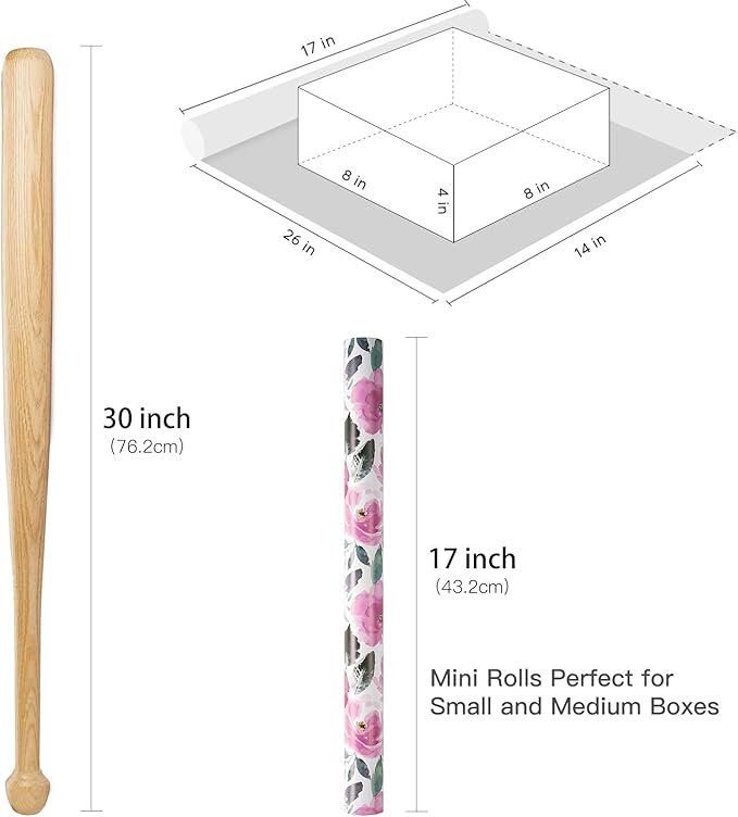 RUSPEPA Reversible Floral Wrapping Paper for Women, Mini Roll, Vintage Pink Rose with Deep Green Solid, Elegant Gift Wrap for Birthday, Wedding, Mother's Day, Bridal Shower, 17 Inches x 16.4 Feet
