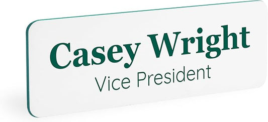 ExcelMark Custom Name Tag - Engraved Name Badge with Pin or Magnetic Backing, 16 Colors, 6 Fonts, and 2 Sizes to Choose from (White w/Pine Green Letters, 1"x 3")