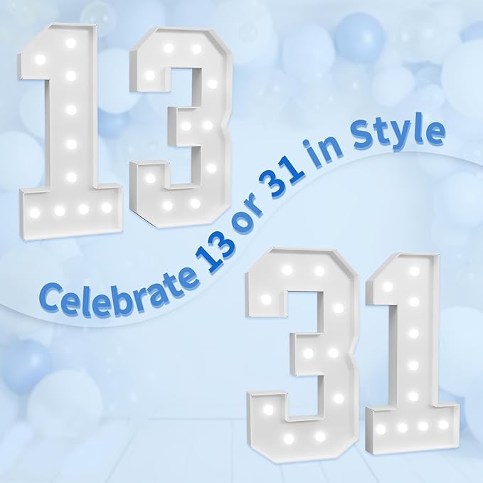 Marquee Numbers Large 31st-Birthday Decorations: 4ft Light Up Number Party Decor 13 Year Old Women And Men Birthday Decoration Backdrop 13 Anniversary Cardboard Big Mosaic Balloon Frame Number 31