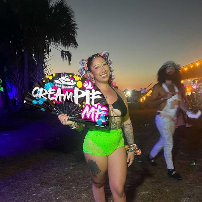 Kandies World Custom Festival Folding Hand Fan - Unique Designs, Made of Bamboo, Clacking Sound, Lightweight - Perfect Rave and Festival Accessory! (Cream Pie)