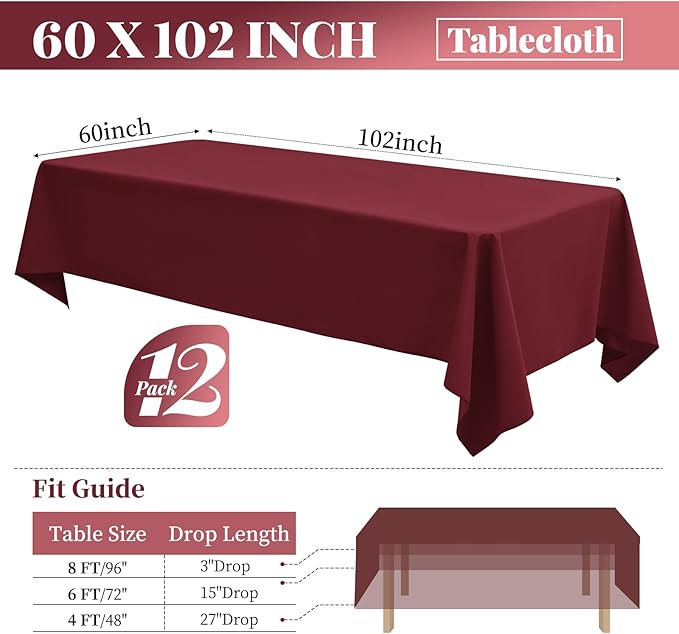 12 Pack Polyester Tablecloth Rectangle Tablecloth 60 x 102 Inch Burgundy Tablecloth for 6 Ft Rectangle Tables, Washable Fabric Table Covers Polyester Table Clothes for Wedding Parties Banque