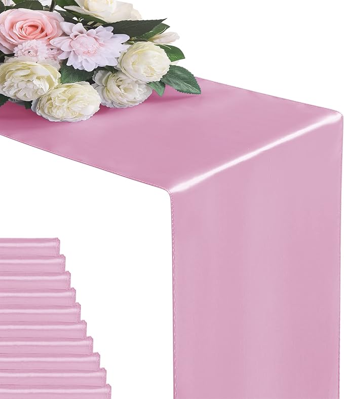 12Pack Table Runner 12 x 108 Inches Satin Silk Table Runner for Wedding, Birthday Party, Banquets, Graduations Decoration, fit Rectange and Round Table-Pink