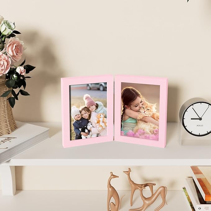 decorUhome Double 5x7 Picture Frame Vertical, Engineered Wood Bifold Photo Frame with Plexiglass for Tabletop Display, 5x7, Pink