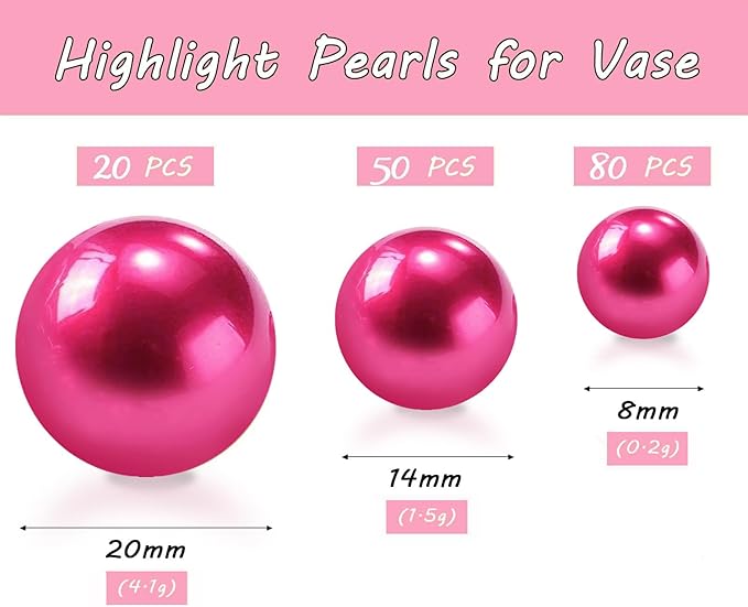 150Pcs Hot Pink Polished No Hole Faux Pearl Beads for Vase Filling Decorations, Plastic Pearls Vase Fillers, Table Scatters, Wedding Centerpiece, Home Decor, 8/14/20 mm
