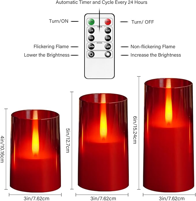 Flameless LED Candles, Upgraded Realistic Flickering Flame Pillar Battery Operated Candles with Remote Timer, Acrylic Electric Set of 3 for Home Decoration and Holiday Celebrations（Red）