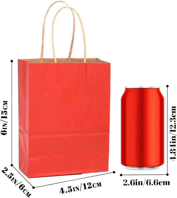 qiqee 24 Pcs Red Mini Paper Gift Bags with Handles 6"x4.5"x2.5" Small Brown Kraft Party Favor Bags Treat Bags Multiple Uses (Mini size)