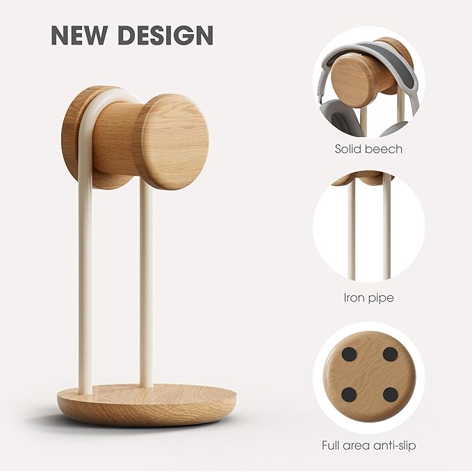 Fenge Headphone Stand for Desk, Nature Wood & Metal Headphone Holder with Storage Base, Desktop Headset Stand for Gaming Universal Headphones