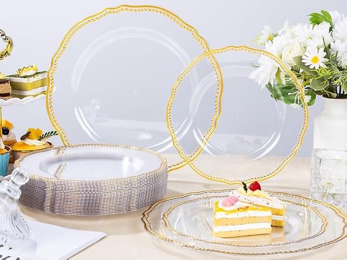 Hioasis 60pcs Clear Plastic Plates - Clear and Gold Disposable Dinnerware with Gold Rim, Heavy-duty, 7.5 inch, Dessert Plates for Party & Wedding