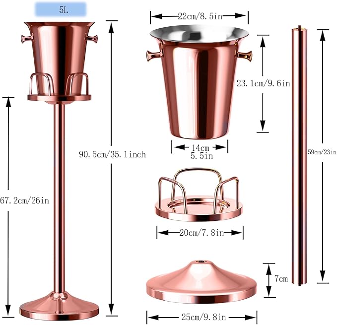 Ice Bucket with Stand Standing Champagne bucket for Party Stainless Steel Wine Bucket Wine Cooler with Stand 5L Wine Chiller for Bar Ktv Weding (rose gold)