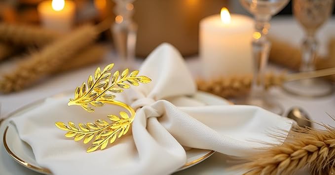 Gold Leaf Napkin Rings Set of 6,Metal Wheat Leaf Napkin Rings for Party Decoration, Dinning Table and Daily Use (Leaf 6pcs)