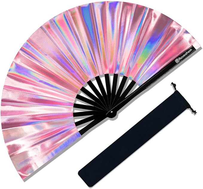 Large Rave Fan, Clack Folding Hand Fan with Premium Fabric, Thick Bamboo Frame for Men Women Gift for EDM, Festival, Club, Party, Dance, Decoration (Holographic Pink, 13")