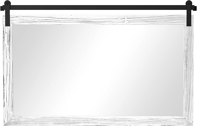 COGOOD Farmhouse Bathroom Mirror - 49 x 30 Rustic Wood Framed Wall Barn Door Mirror for Entryway, Living Room, Entryway Wall Decor (White)