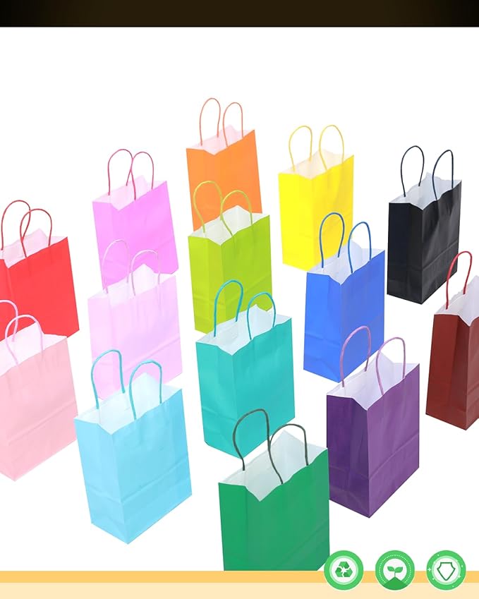 qiqee 100Pcs Paper Gift Bags with Handles 16 Different Senior Color Bags Multiple Uses（13"x10.3"x4.6",Large Size）